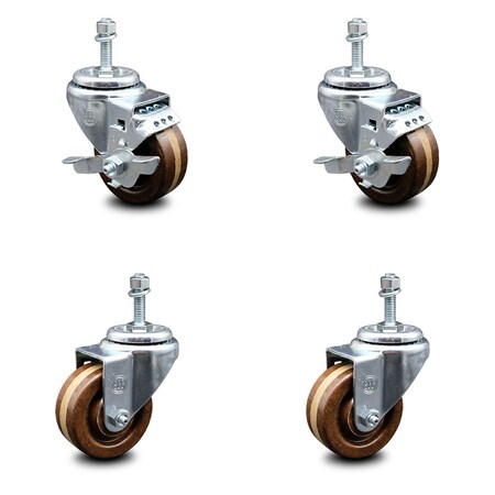 Service Caster 3 Inch High Temp Phenolic Wheel Swivel 3/8 Inch Threaded Stem Caster Brake, 2PK SCC-TS20S314-PHSHT-381615-2-TLB-2
